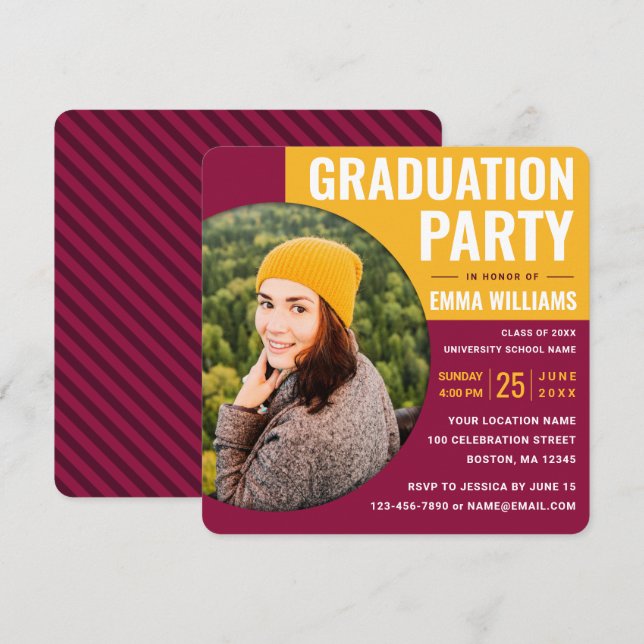 Modern Burgundy Red Yellow | Photo Graduation Invitation (Front/Back)