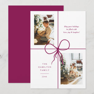 Modern Burgundy Ribbon Bow Wrap 2 Photo Christmas Holiday Card