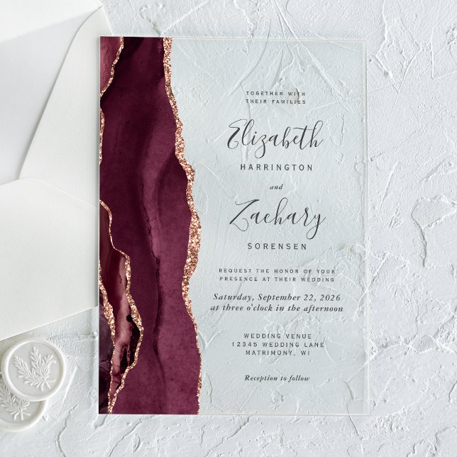 Modern Burgundy Rose Gold Agate Wedding Acrylic Invitations (Creator Uploaded)