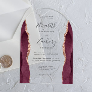 Modern Burgundy Rose Gold Agate Wedding Arch Acrylic Invitations