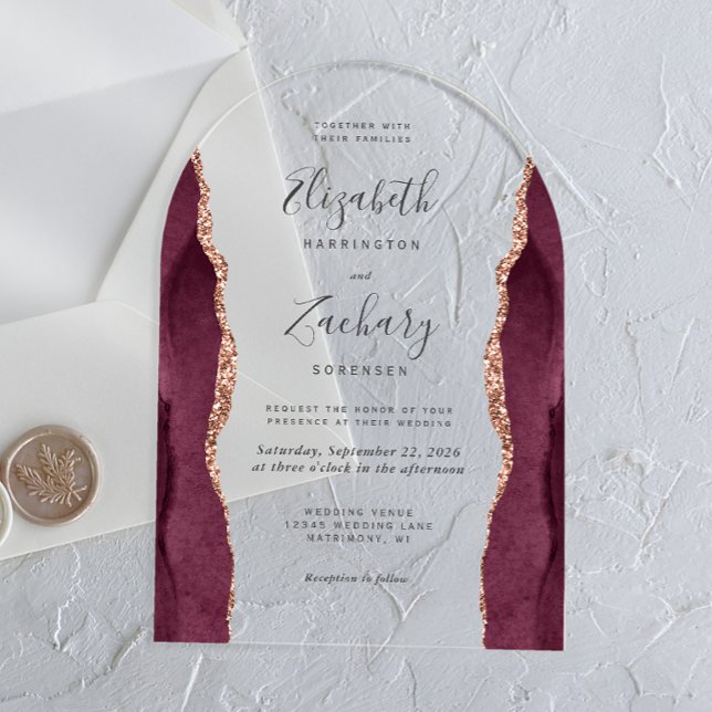 Modern Burgundy Rose Gold Agate Wedding Arch Acrylic Invitations (Creator Uploaded)