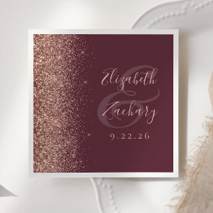 Modern Burgundy Rose Gold Glitter Edge Wedding Napkin