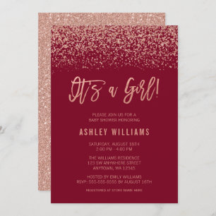 Modern Burgundy Rose Gold Glitter Girl Baby Shower Invitation