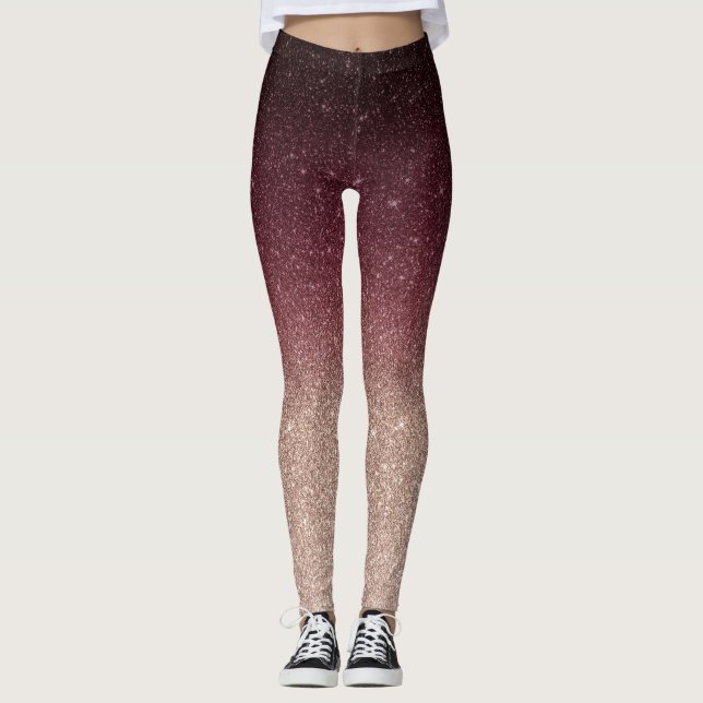 Modern Burgundy & Rose Gold Glitter Ombre Leggings (Front)