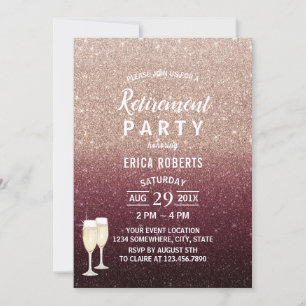 Modern Burgundy Rose Gold Glitter Retirement Party Invitation
