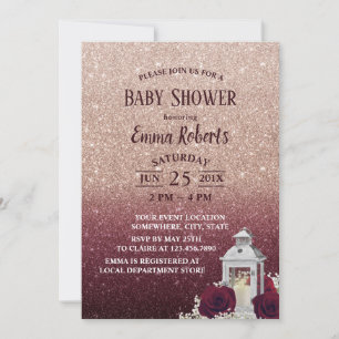 Modern Burgundy & Rose Gold Lantern Baby Shower Invitation