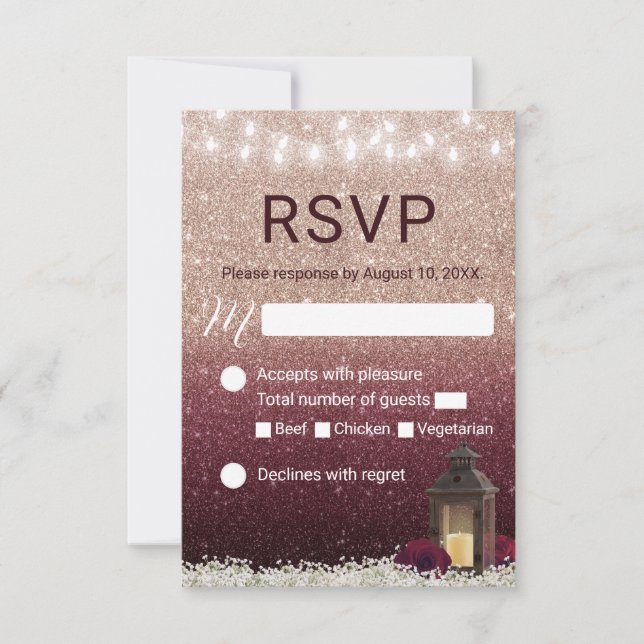 Modern Burgundy Rose Gold Lantern Wedding RSVP Card (Front)