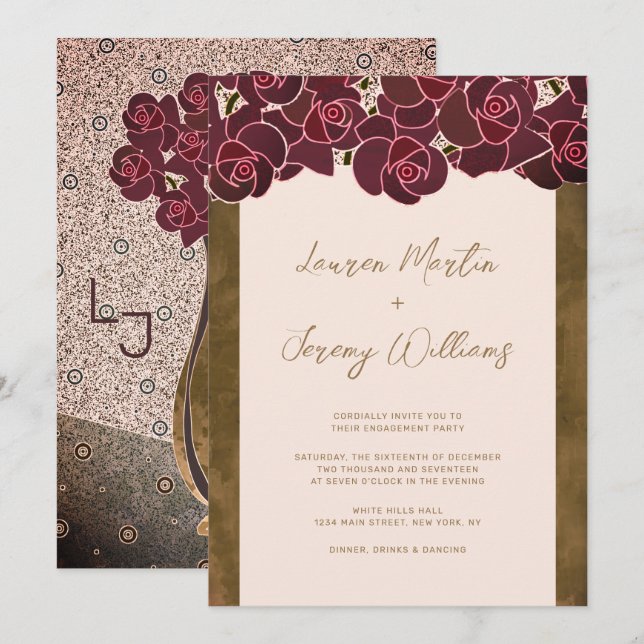 Modern Burgundy Rose Vase Floral Engagement Party Invitation (Front/Back)