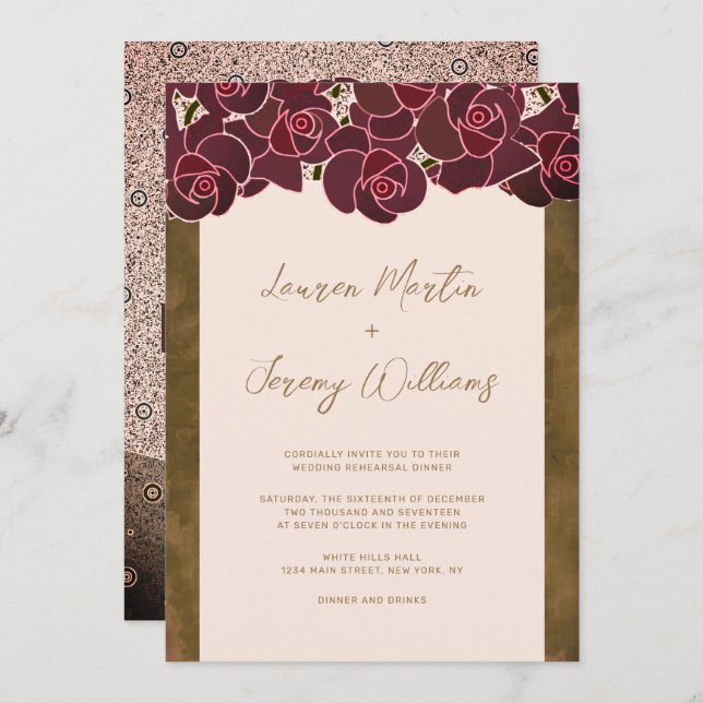 Modern Burgundy Rose Vase Floral Rehearsal Dinner Invitation (Front/Back)