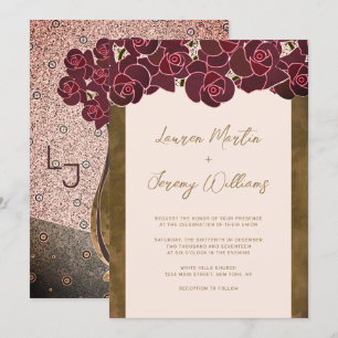 Modern Burgundy Roses in Vase Pink Floral Wedding Invitation