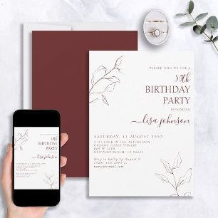 Modern Burgundy Script Botanical 50th Birthday Invitation