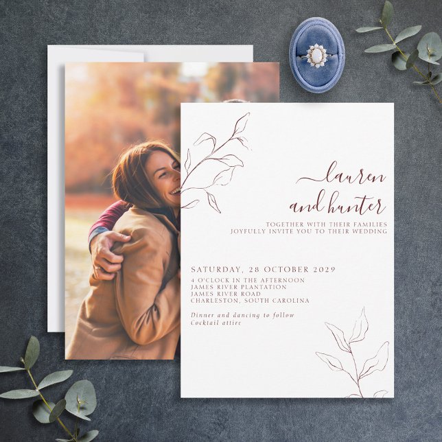 Modern Burgundy Script Botanical Photo Wedding Invitation (Creator Uploaded)