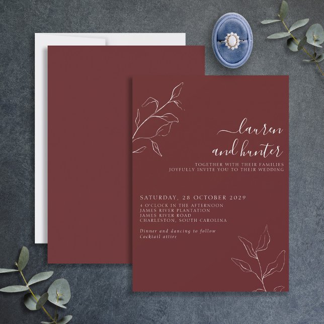 Modern Burgundy Script Botanical Wedding  Invitati Invitation (Creator Uploaded)