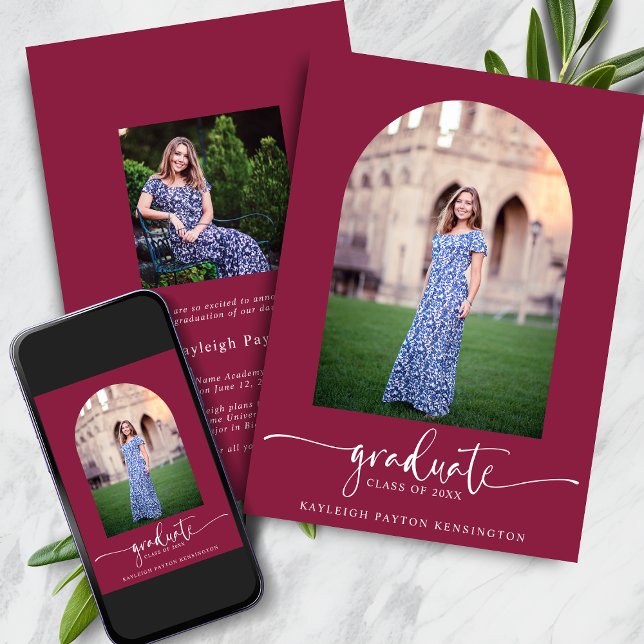 Modern Burgundy Script Graduation Arch Photo Announcement (Modern Burgundy Script Graduation Arch Photo Announcement with Instant Download)