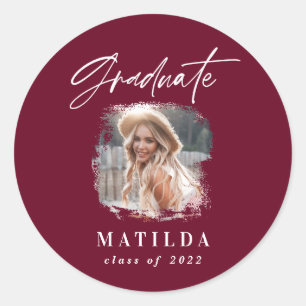 Modern burgundy script photo elegant graduation classic round sticker