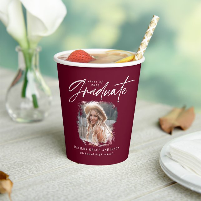 Modern burgundy script photo elegant graduation paper cups (Insitu)
