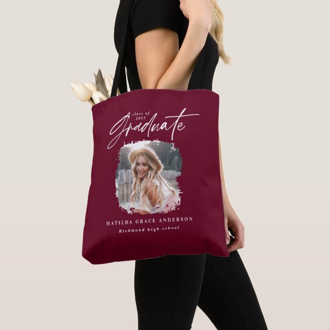Modern burgundy script photo elegant graduation tote bag (Close Up)