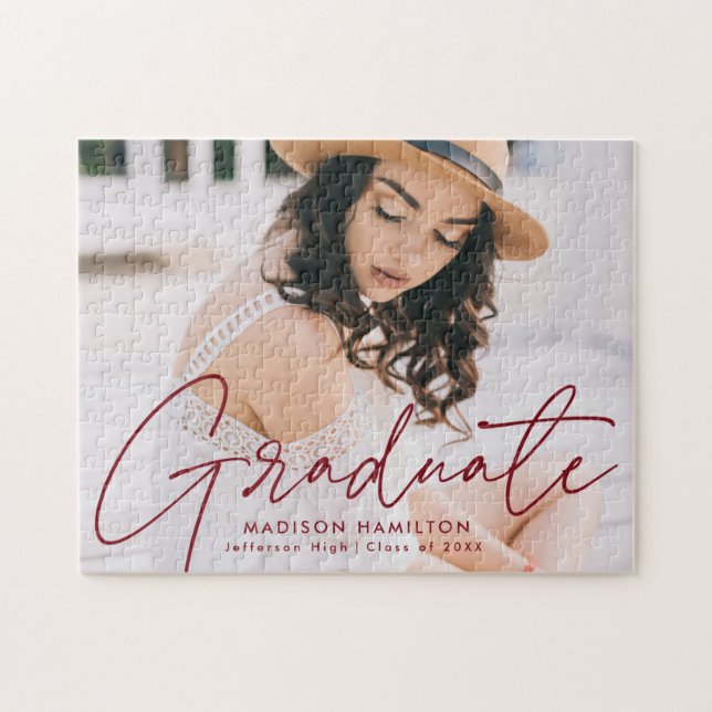 Modern Burgundy Script Photo Graduation Jigsaw Puzzle (Horizontal)