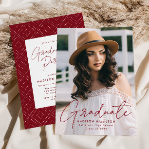 Modern Burgundy Script Photo Graduation Party Invitation