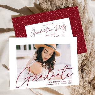Modern Burgundy Script Photo Graduation Party Invitation