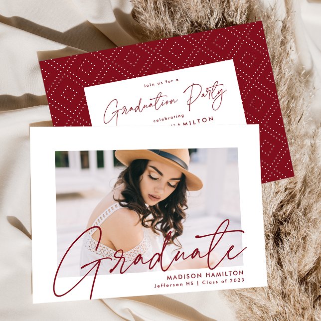Modern Burgundy Script Photo Graduation Party Invitation (Creator Uploaded)