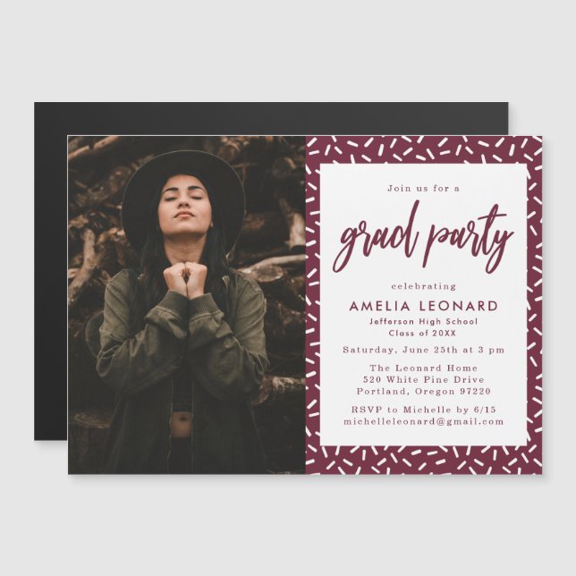 Modern Burgundy Script Photo Graduation Party Magnetic Invitation (Front/Back)