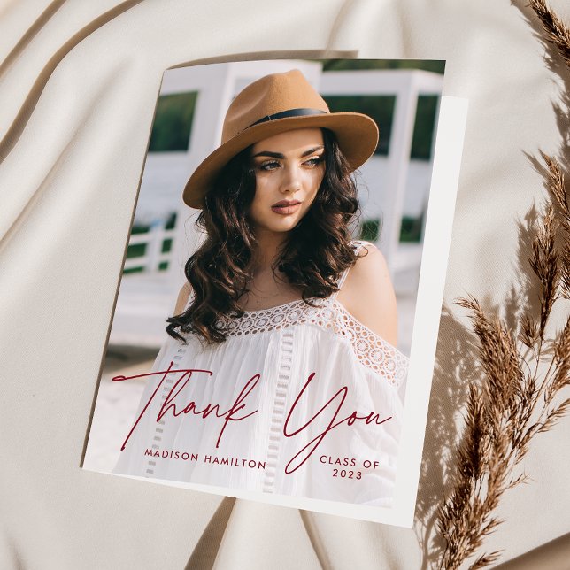 Modern Burgundy Script Photo Graduation Thank You Card (Creator Uploaded)