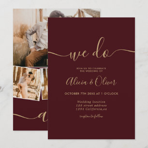 Modern burgundy script photo initials wedding invitation