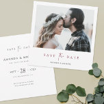 Modern Burgundy Script Photo Wedding Save the Date<br><div class="desc">This simply chic square photo wedding save the date card template features an elegant, minimalist, modern design. Please browse our shop for versions of this design in a rectangular format in flat card, postcard and magnet formats in various colours! The front features your first names under your favourite photo and...</div>
