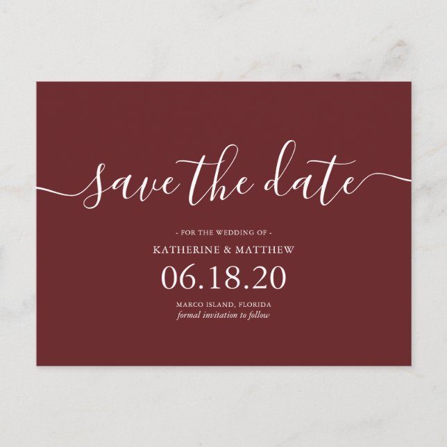 Modern Burgundy Script Wedding Save the Date Cards (Front)
