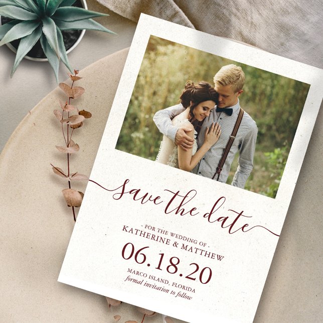 Modern Burgundy Script Wedding Save the Date Cards (Creator Uploaded)