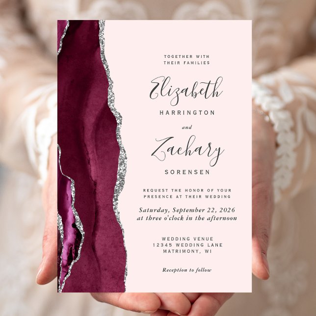 Modern Burgundy Silver Agate Blush Pink Wedding Invitation (Creator Uploaded)