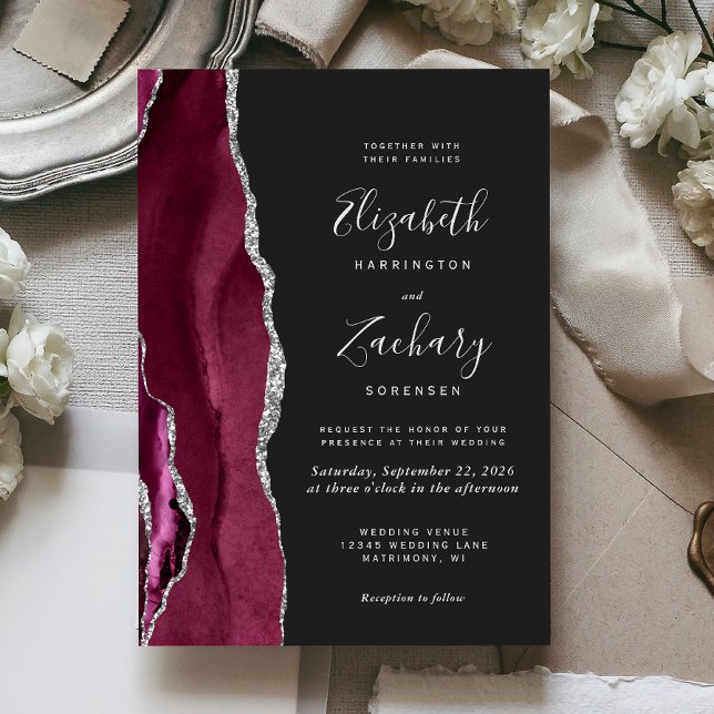 Modern Burgundy Silver Agate Dark Wedding Invitation (Creator Uploaded)