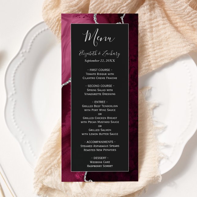 Modern Burgundy Silver Agate Dark Wedding Menu (Creator Uploaded)