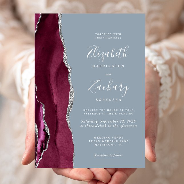 Modern Burgundy Silver Agate Dusty Blue Wedding Invitation (Creator Uploaded)