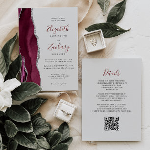 Modern Burgundy Silver Agate Grey QR Code Wedding Invitation