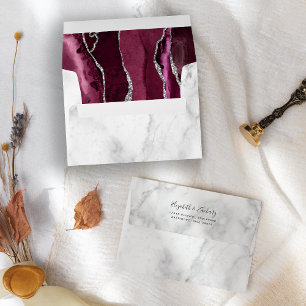 Modern Burgundy Silver Agate Marble Wedding Envelope