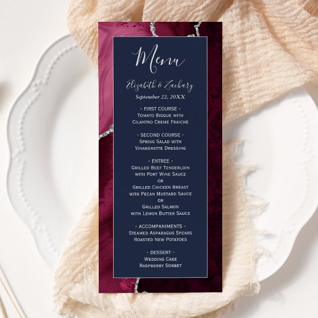 Modern Burgundy Silver Agate Navy Blue Wedding Menu (Creator Uploaded)