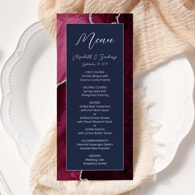 Modern Burgundy Silver Agate Navy Blue Wedding Menu (Creator Uploaded)