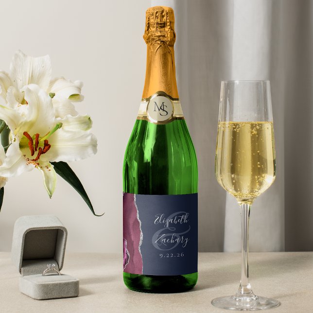 Modern Burgundy Silver Agate Navy Blue Wedding Sparkling Wine Label (Creator Uploaded)