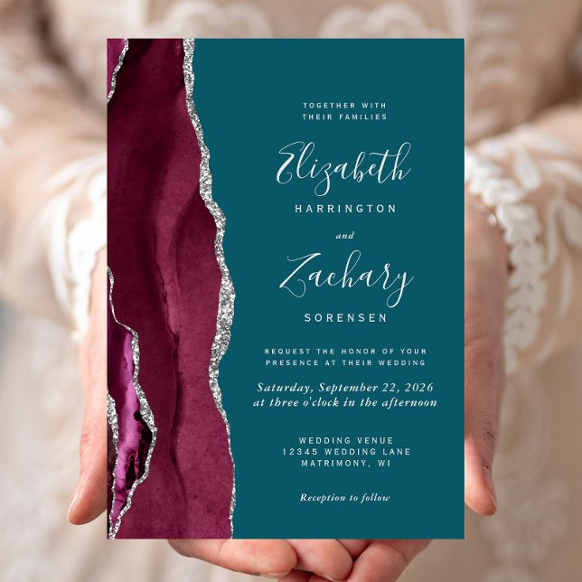 Modern Burgundy Silver Agate Teal Blue Wedding Invitation (Creator Uploaded)