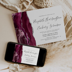Modern Burgundy Silver Agate Wedding Invitation