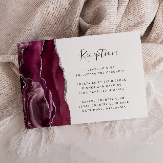 Modern Burgundy Silver Agate Wedding Reception Enclosure Card (Creator Uploaded)