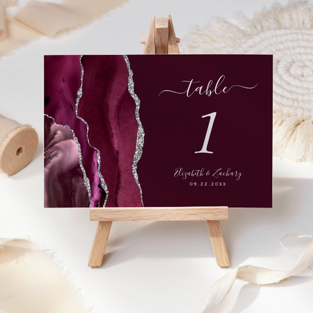 Modern Burgundy Silver Agate Wedding Table Number (Creator Uploaded)