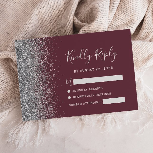 Modern Burgundy Silver Faux Glitter Edge RSVP Card (Creator Uploaded)