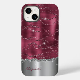 Modern Burgundy Silver Faux Glitter Monogram Case