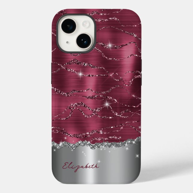 Modern Burgundy Silver Faux Glitter Monogram Case (Back)