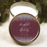 Modern Burgundy Silver Glitter Edge Wedding Classic Round Sticker<br><div class="desc">This elegant modern wedding sticker features a faux silver glitter design on the top and bottom edge. Easily customise the white text on a dark burgundy red background,  with the names of the bride and groom in handwriting calligraphy over a large ampersand.</div>