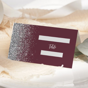 Modern Burgundy Silver Glitter Edge Wedding Place Card