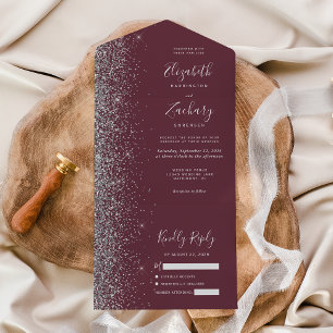 Modern Burgundy Silver Glitter Wedding All In One Invitation
